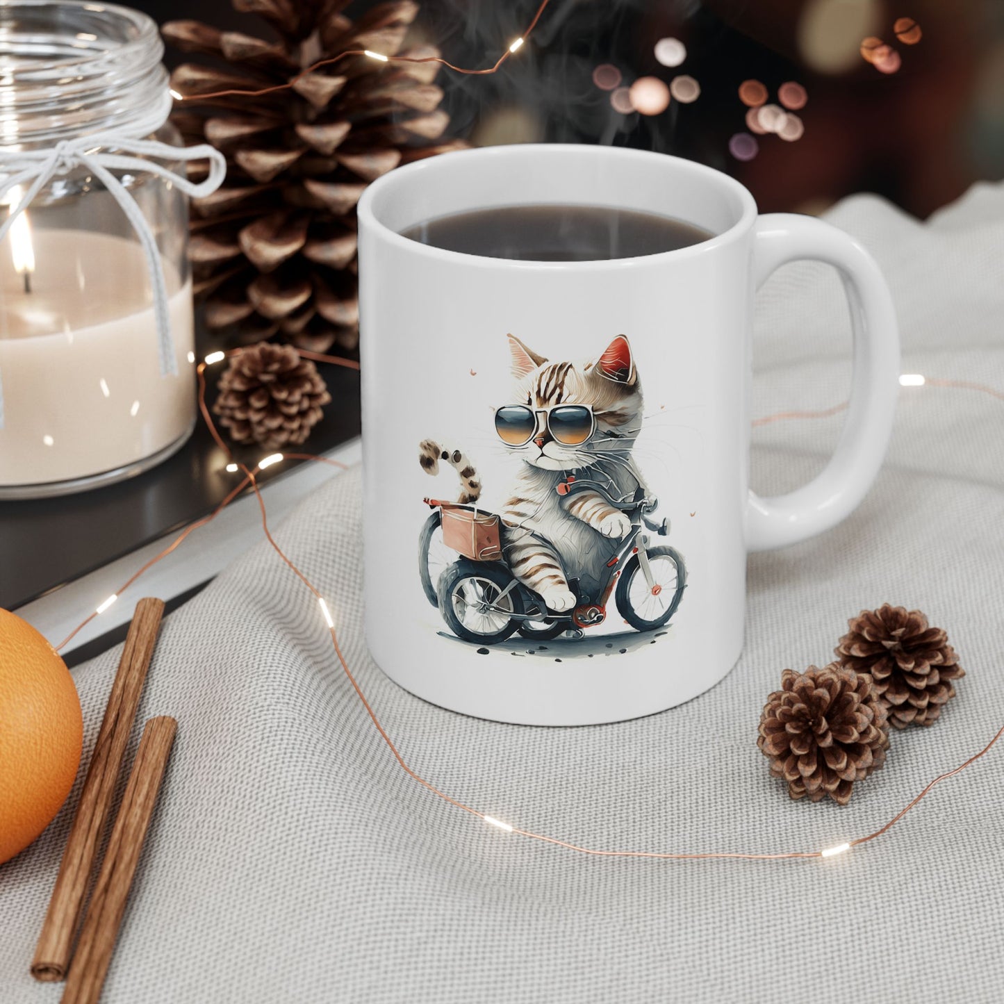 Bicycle Cat Ceramic Mug – Coffee Cup (11oz & 15oz)